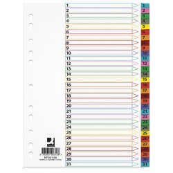 PrzekﾅＢdki Q-CONNECT Mylar, karton, A4, 225x297mm, 1-31, 31 kart, lam. indeks, mix kolorﾃｳw